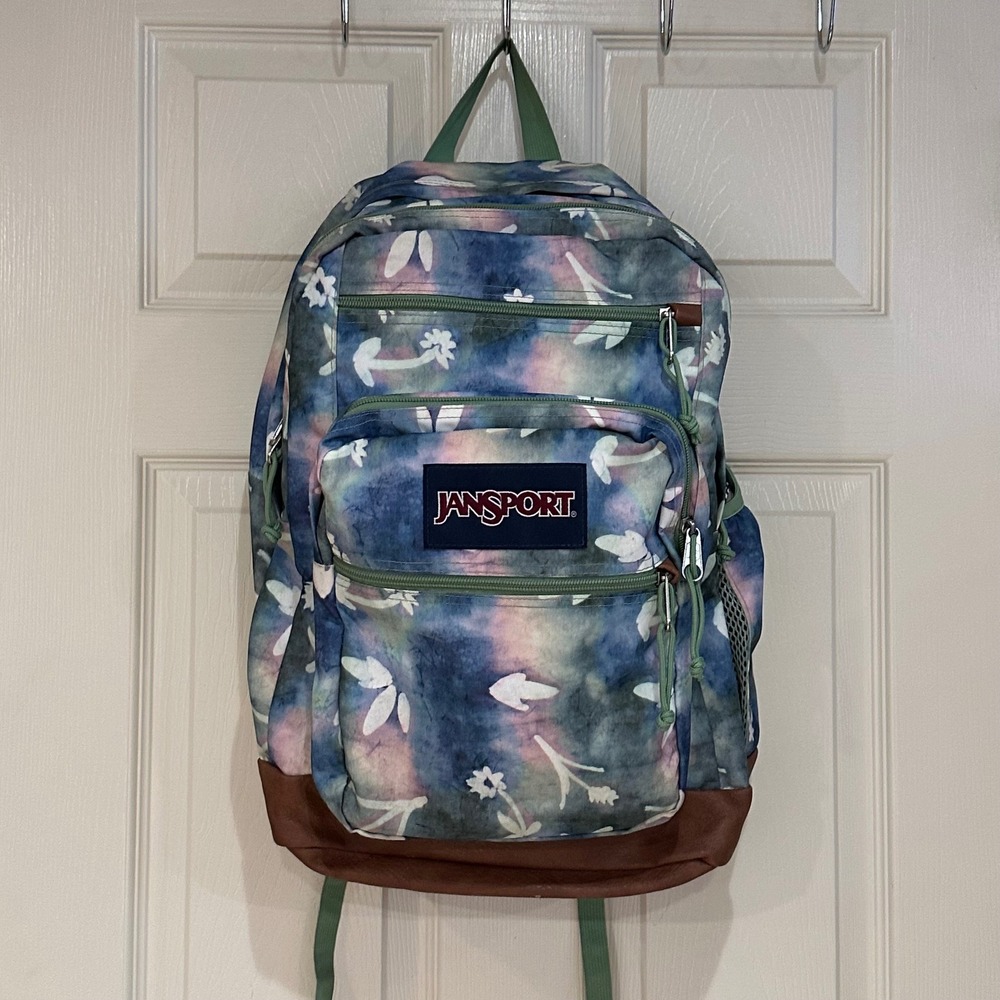JanSport Cool Student Backpack Tie Dye Floral Blue Green Faux Leather Bottom